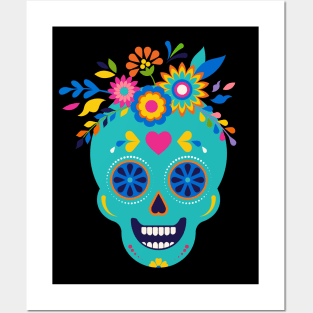 Dia De Los Muertos Skull Turquoise Posters and Art